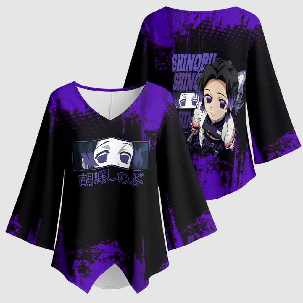 Shinobu Kocho Demon Slayer Purple Grunge Design Kimono Sleeve Blouse with Butterfly Theme and Calm Expression - The Mazicc