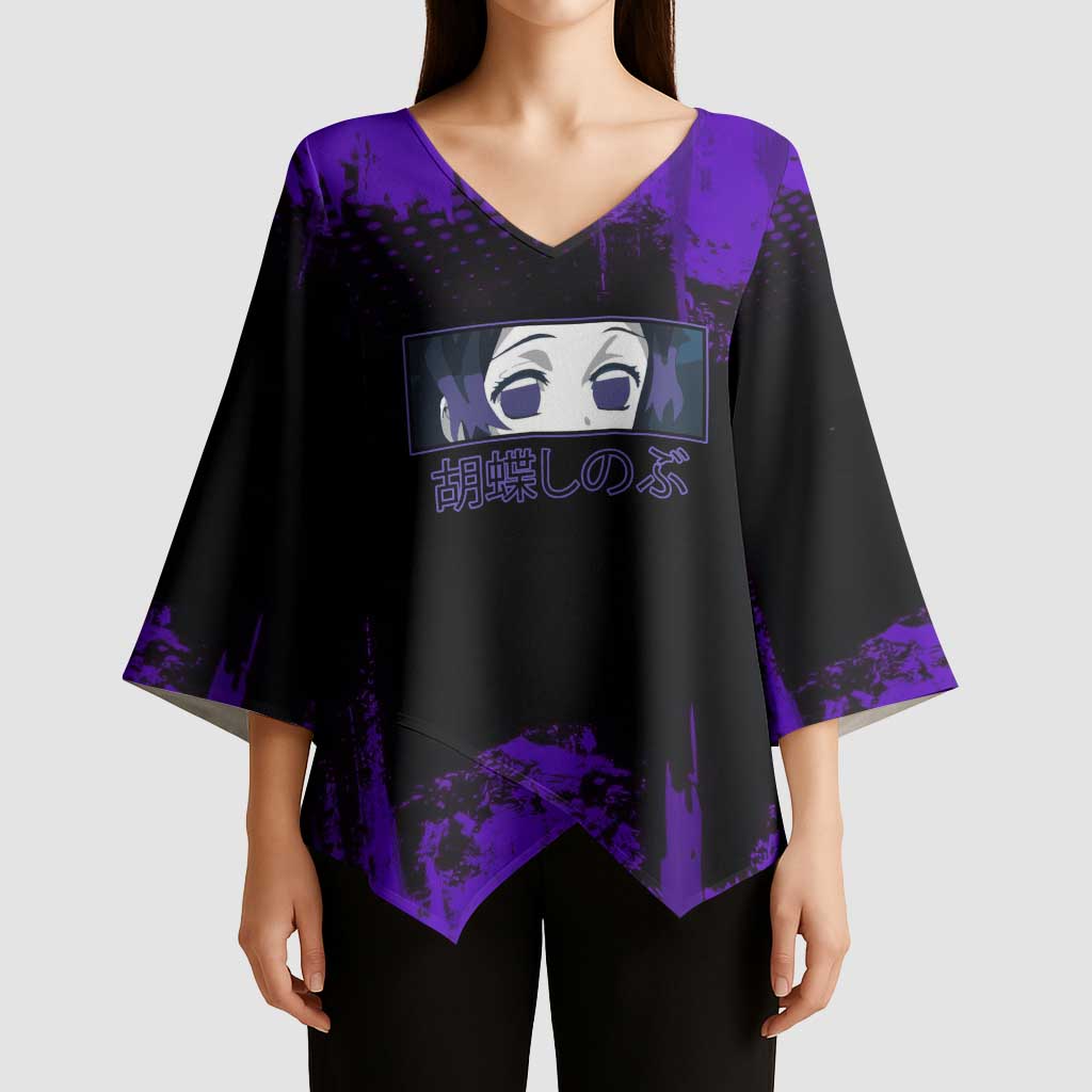 Shinobu Kocho Demon Slayer Purple Grunge Design Kimono Sleeve Blouse with Butterfly Theme and Calm Expression - The Mazicc