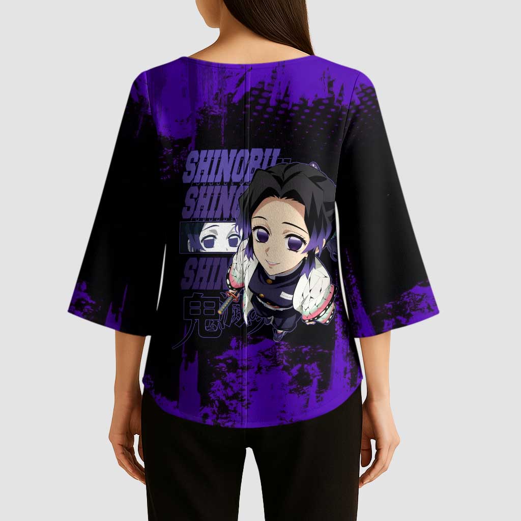 Shinobu Kocho Demon Slayer Purple Grunge Design Kimono Sleeve Blouse with Butterfly Theme and Calm Expression - The Mazicc