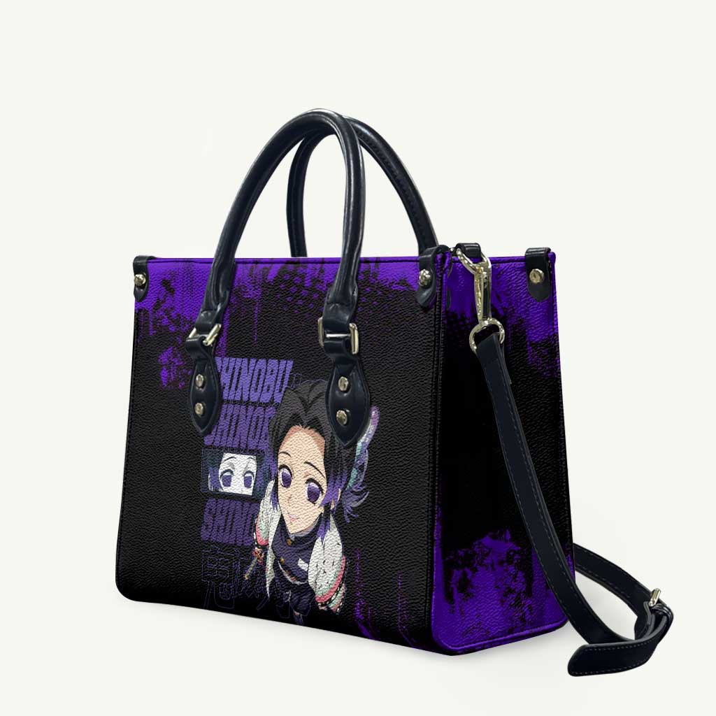 Shinobu Kocho Demon Slayer Purple Grunge Design Leather Bag with Butterfly Theme and Calm Expression - The Mazicc