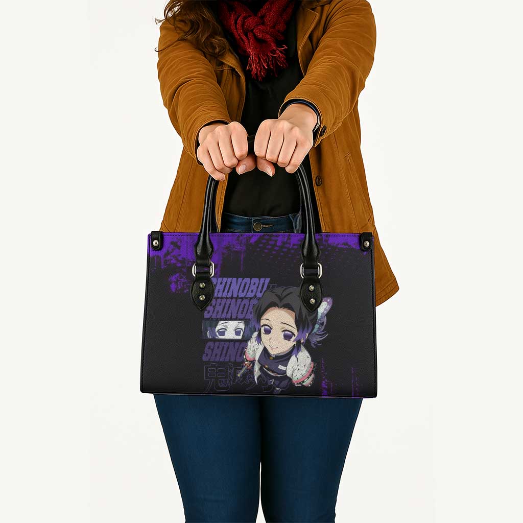 Shinobu Kocho Demon Slayer Purple Grunge Design Leather Bag with Butterfly Theme and Calm Expression - The Mazicc