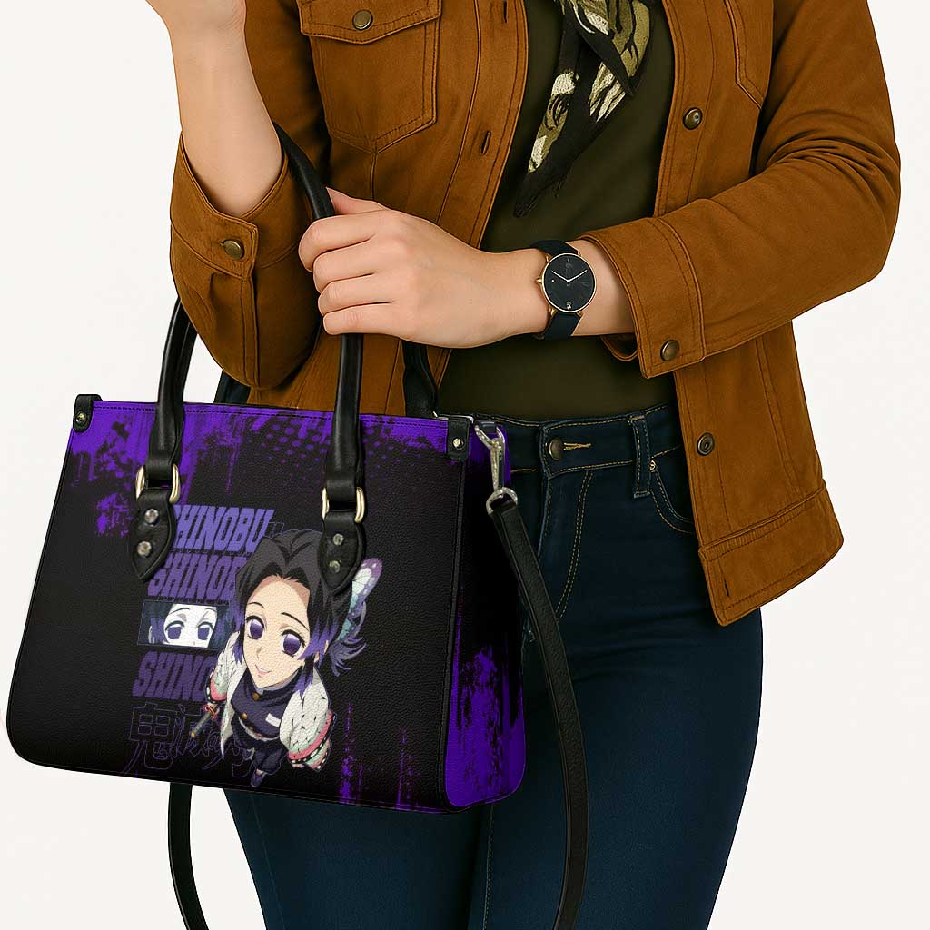 Shinobu Kocho Demon Slayer Purple Grunge Design Leather Bag with Butterfly Theme and Calm Expression - The Mazicc