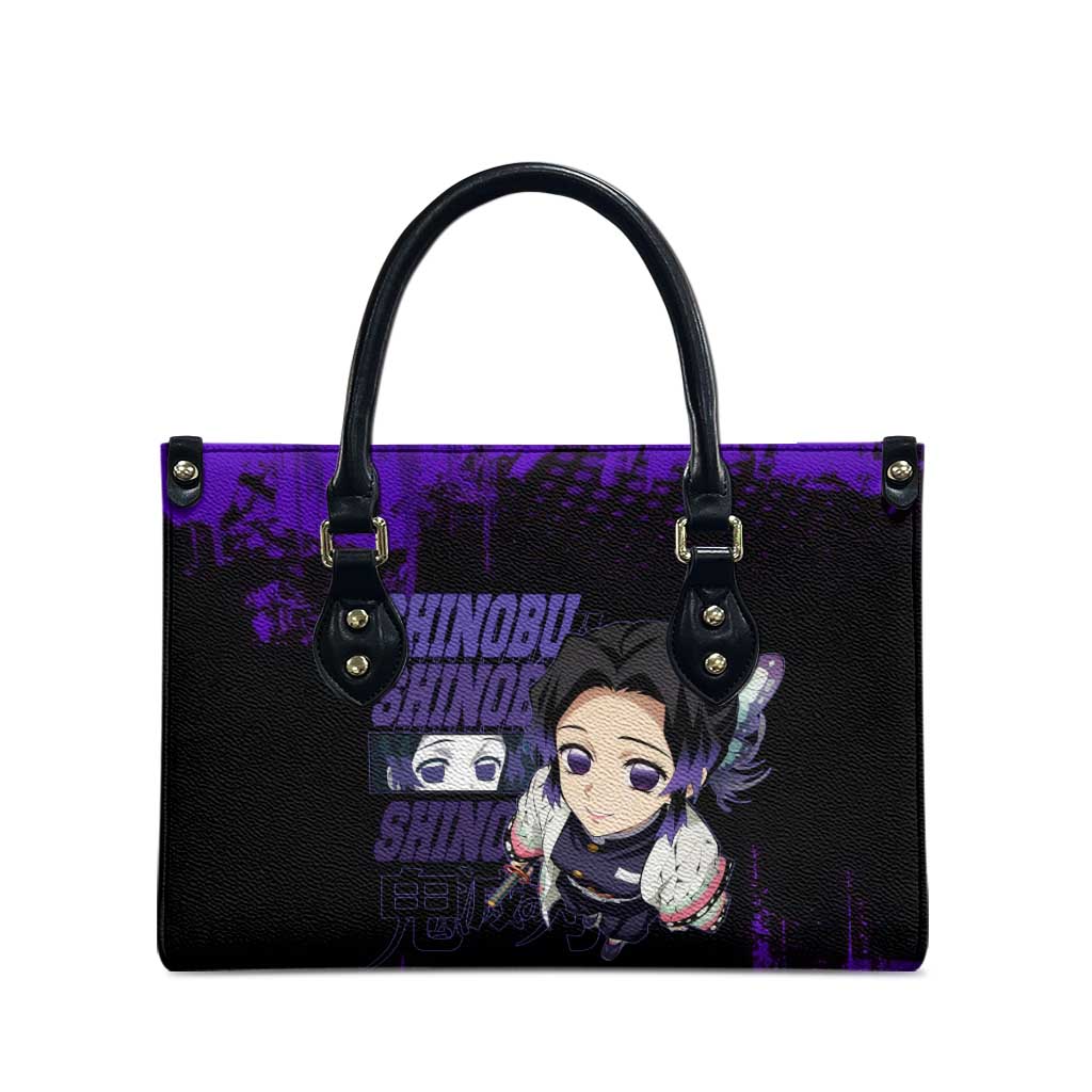 Shinobu Kocho Demon Slayer Purple Grunge Design Leather Bag with Butterfly Theme and Calm Expression - The Mazicc