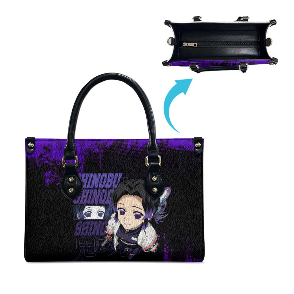 Shinobu Kocho Demon Slayer Purple Grunge Design Leather Bag with Butterfly Theme and Calm Expression - The Mazicc