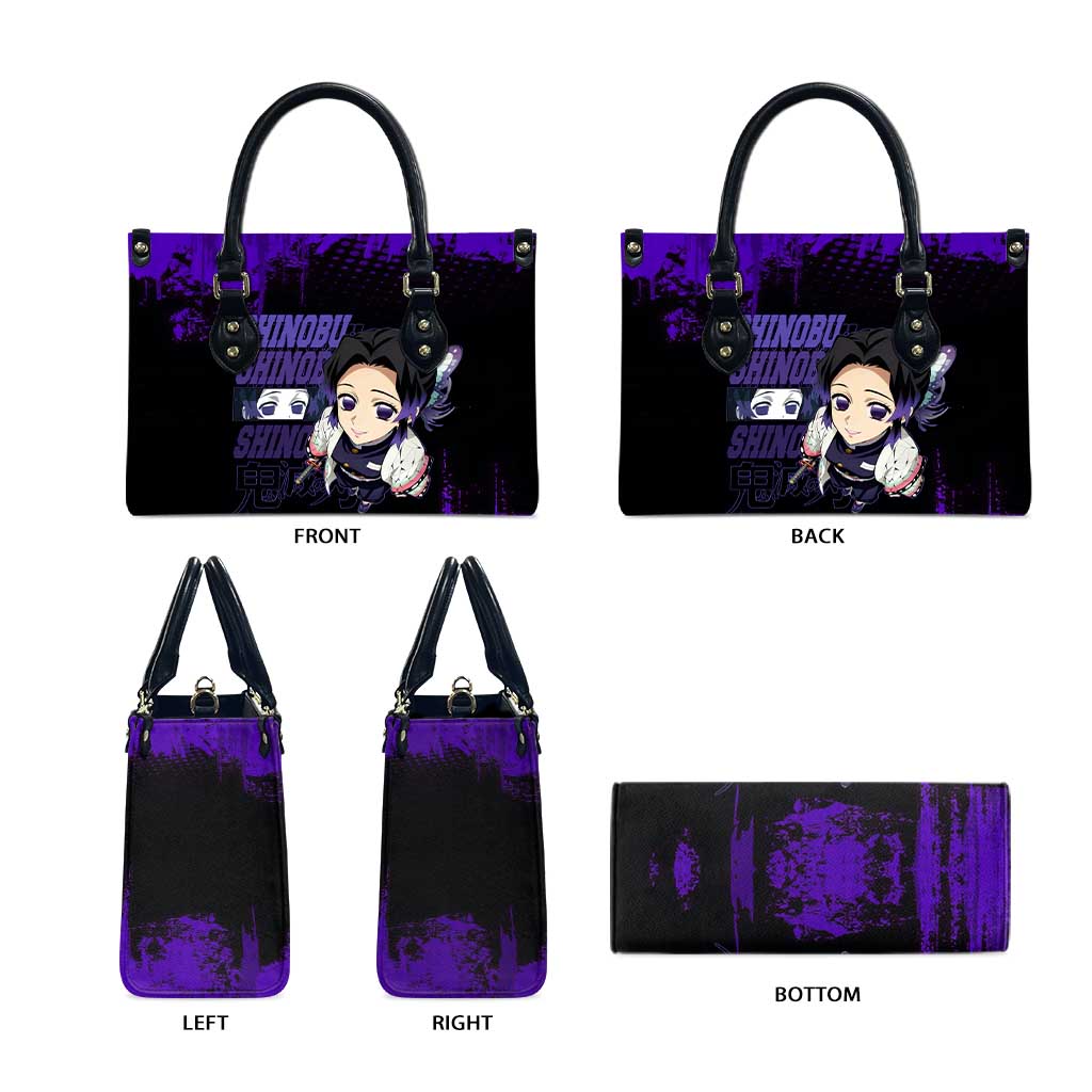 Shinobu Kocho Demon Slayer Purple Grunge Design Leather Bag with Butterfly Theme and Calm Expression - The Mazicc