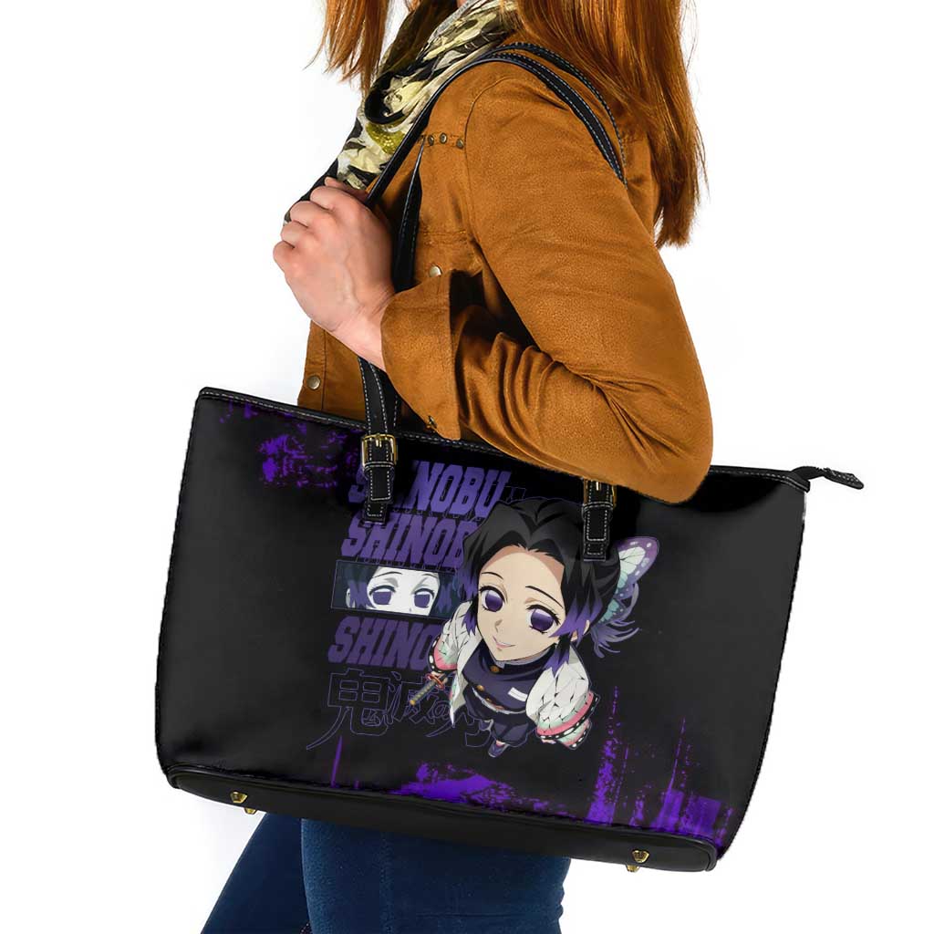 Shinobu Kocho Demon Slayer Purple Grunge Design Leather Tote Bag with Butterfly Theme and Calm Expression - The Mazicc