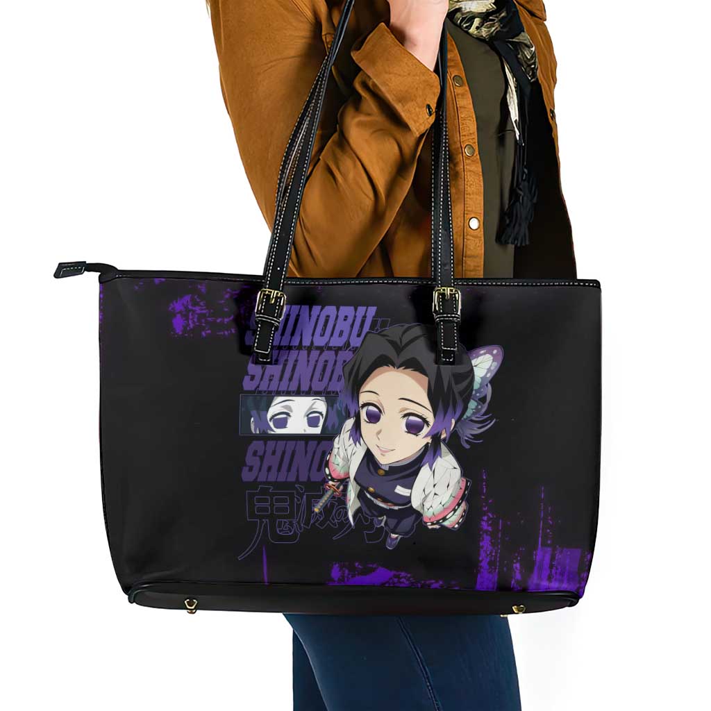 Shinobu Kocho Demon Slayer Purple Grunge Design Leather Tote Bag with Butterfly Theme and Calm Expression - The Mazicc