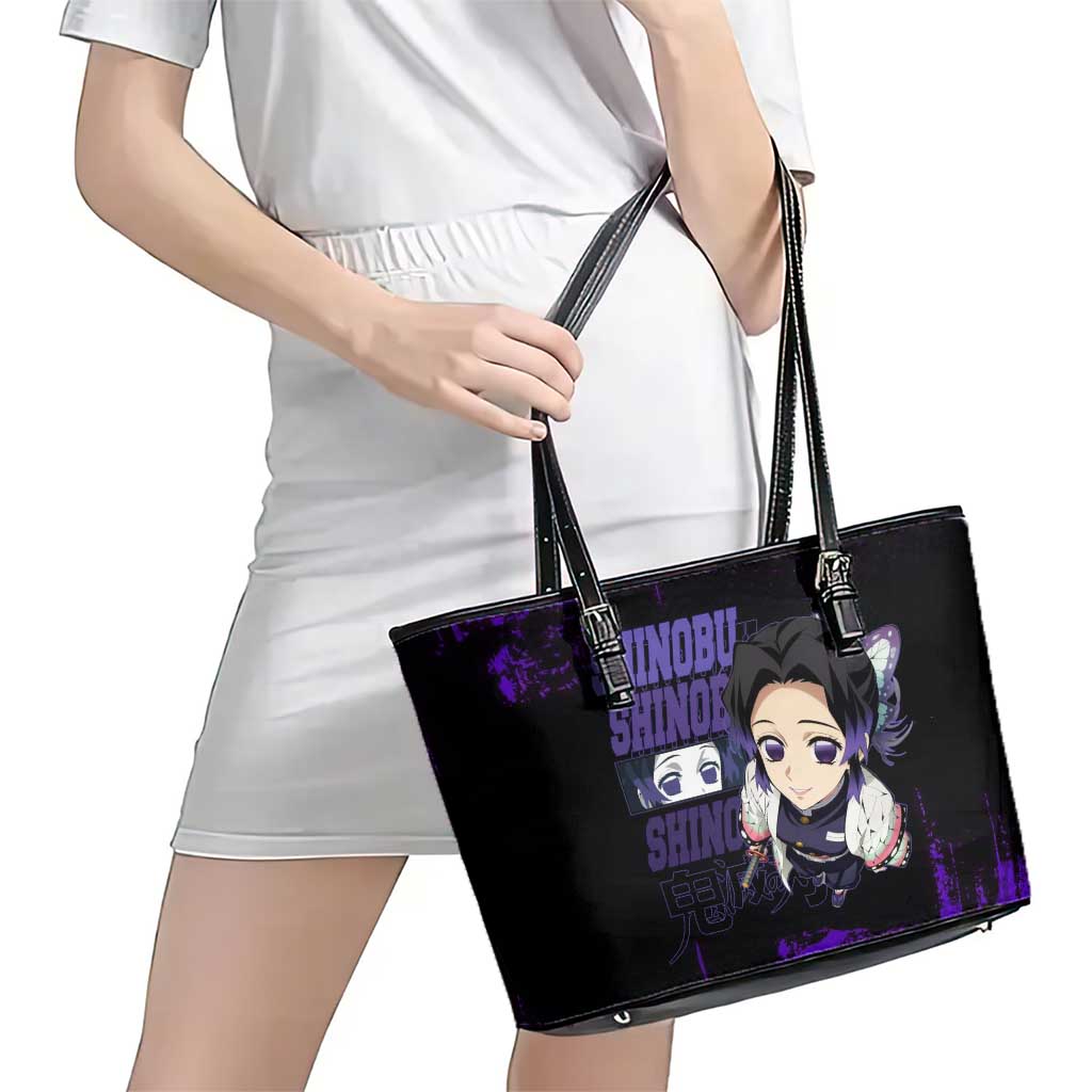 Shinobu Kocho Demon Slayer Purple Grunge Design Leather Tote Bag with Butterfly Theme and Calm Expression - The Mazicc