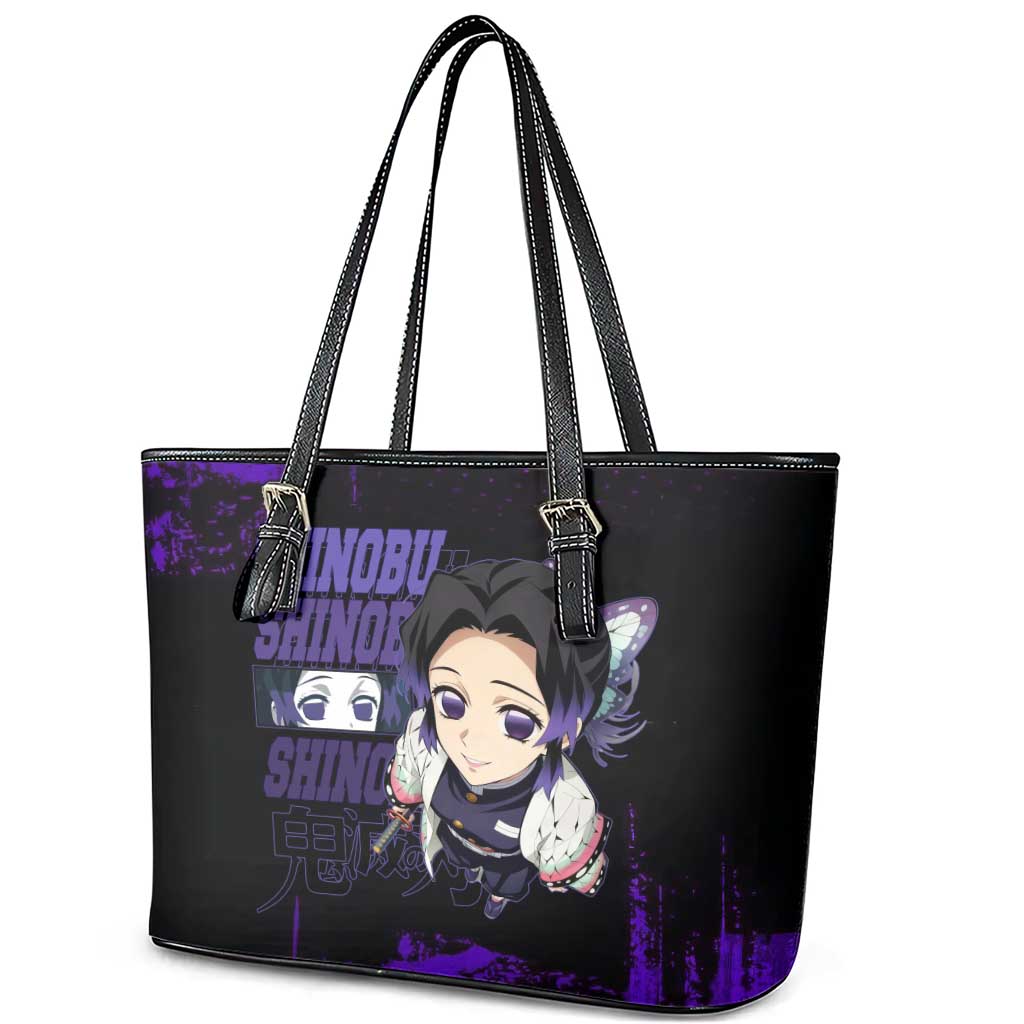 Shinobu Kocho Demon Slayer Purple Grunge Design Leather Tote Bag with Butterfly Theme and Calm Expression - The Mazicc