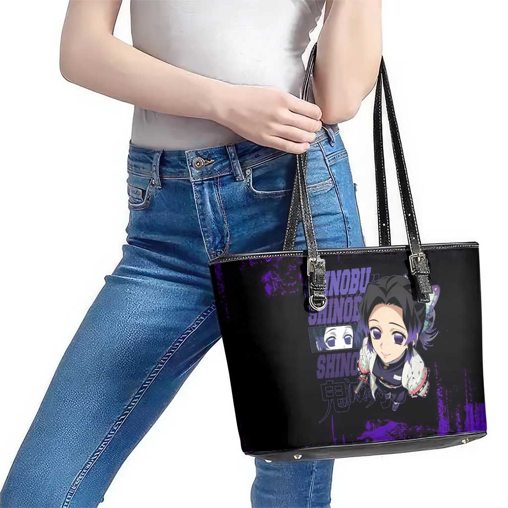 Shinobu Kocho Demon Slayer Purple Grunge Design Leather Tote Bag with Butterfly Theme and Calm Expression - The Mazicc