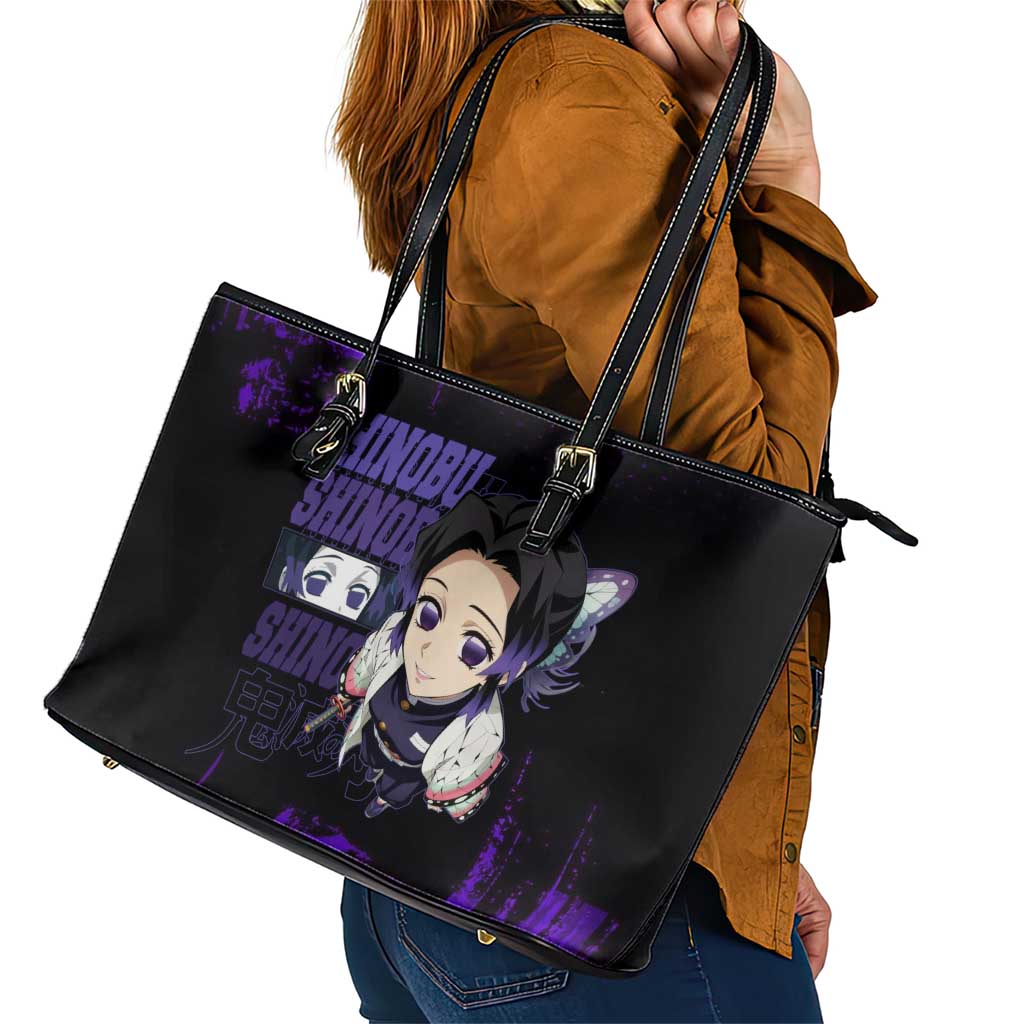 Shinobu Kocho Demon Slayer Purple Grunge Design Leather Tote Bag with Butterfly Theme and Calm Expression - The Mazicc