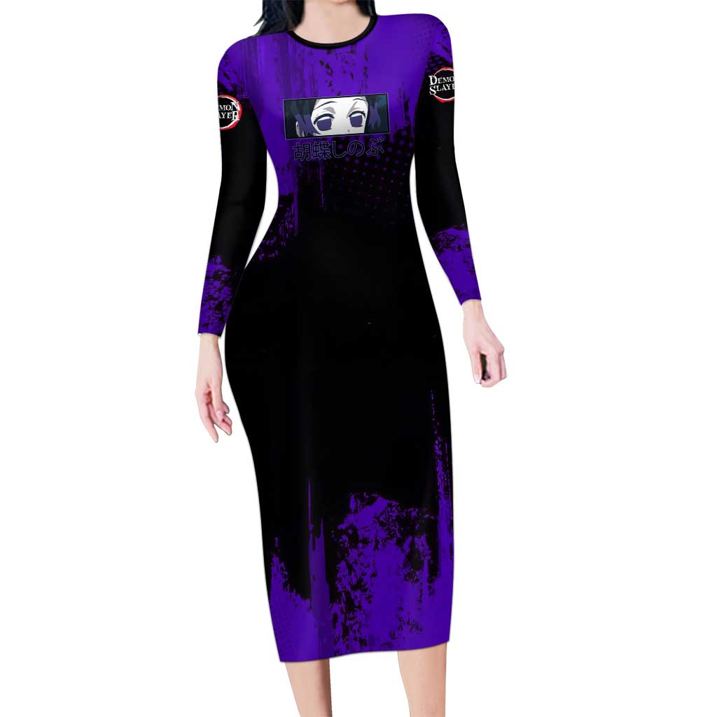 Shinobu Kocho Demon Slayer Purple Grunge Design Long Sleeve Bodycon Dress with Butterfly Theme and Calm Expression - The Mazicc