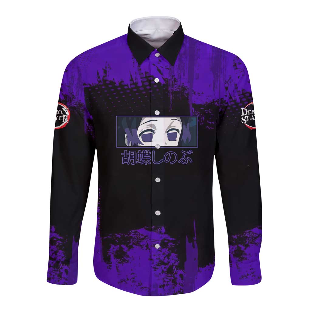 Shinobu Kocho Demon Slayer Purple Grunge Design Long Sleeve Button Shirt with Butterfly Theme and Calm Expression - The Mazicc