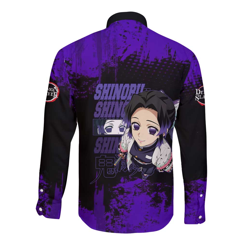 Shinobu Kocho Demon Slayer Purple Grunge Design Long Sleeve Button Shirt with Butterfly Theme and Calm Expression - The Mazicc