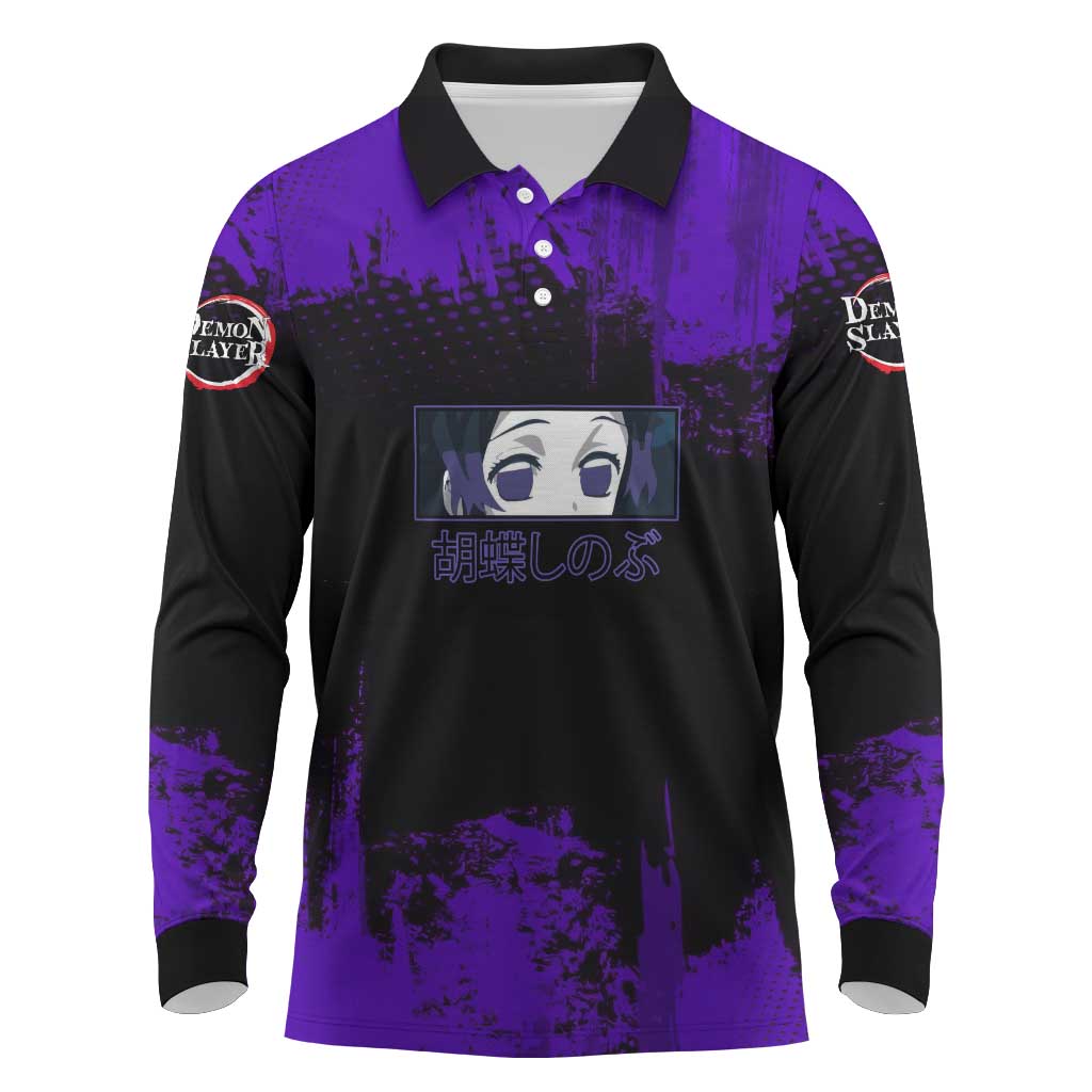 Shinobu Kocho Demon Slayer Purple Grunge Design Long Sleeve Polo Shirt with Butterfly Theme and Calm Expression - The Mazicc