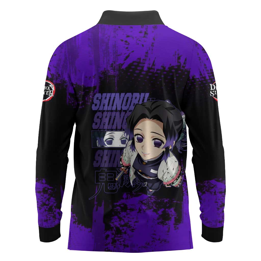 Shinobu Kocho Demon Slayer Purple Grunge Design Long Sleeve Polo Shirt with Butterfly Theme and Calm Expression - The Mazicc