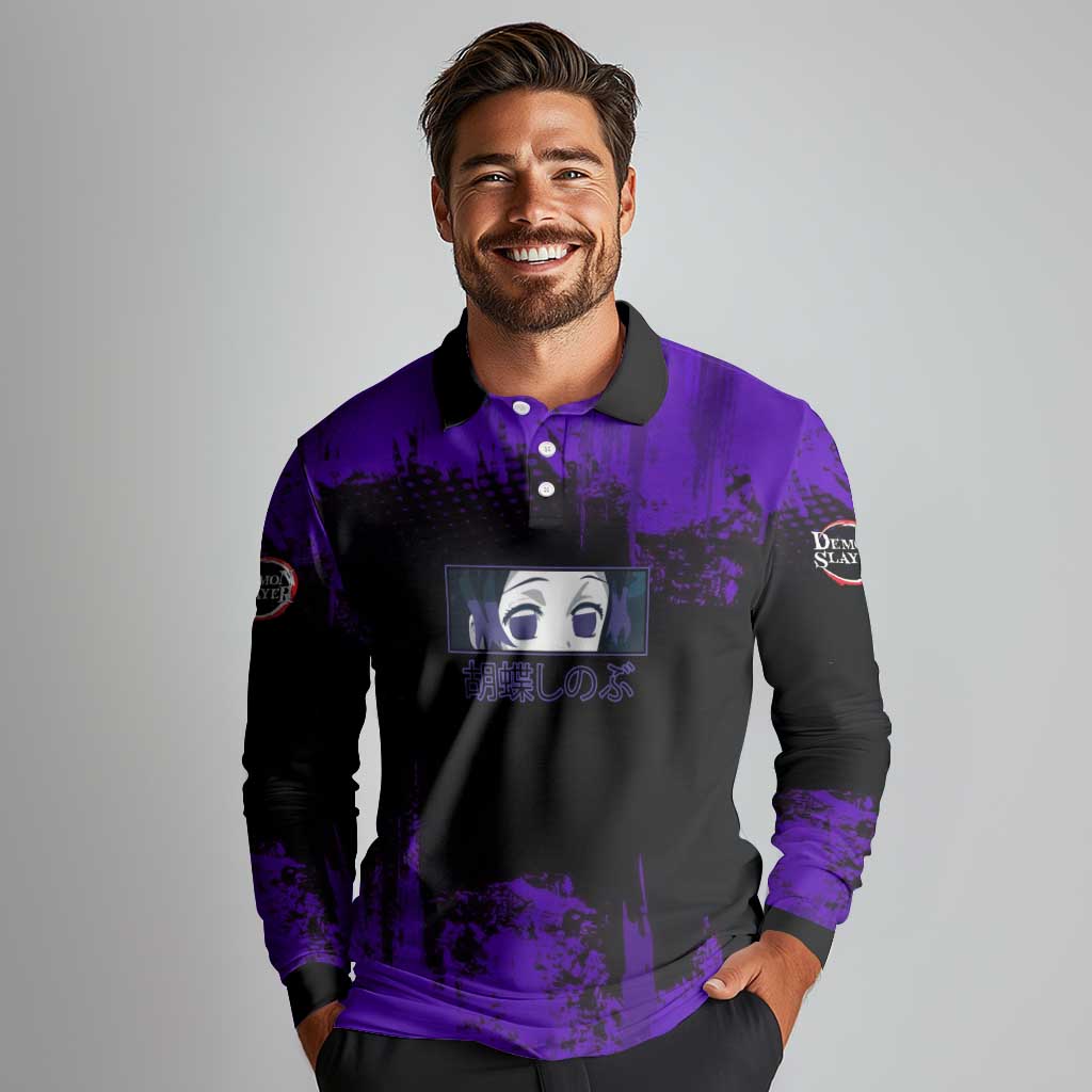 Shinobu Kocho Demon Slayer Purple Grunge Design Long Sleeve Polo Shirt with Butterfly Theme and Calm Expression - The Mazicc