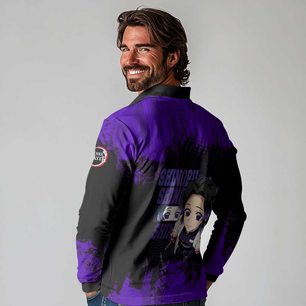 Shinobu Kocho Demon Slayer Purple Grunge Design Long Sleeve Polo Shirt with Butterfly Theme and Calm Expression - The Mazicc
