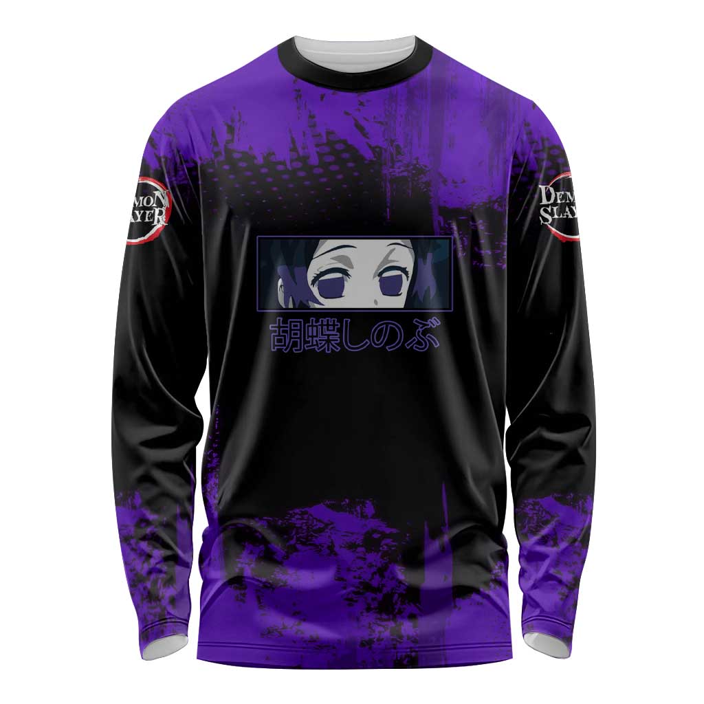 Shinobu Kocho Demon Slayer Purple Grunge Design Long Sleeve Shirt with Butterfly Theme and Calm Expression - The Mazicc