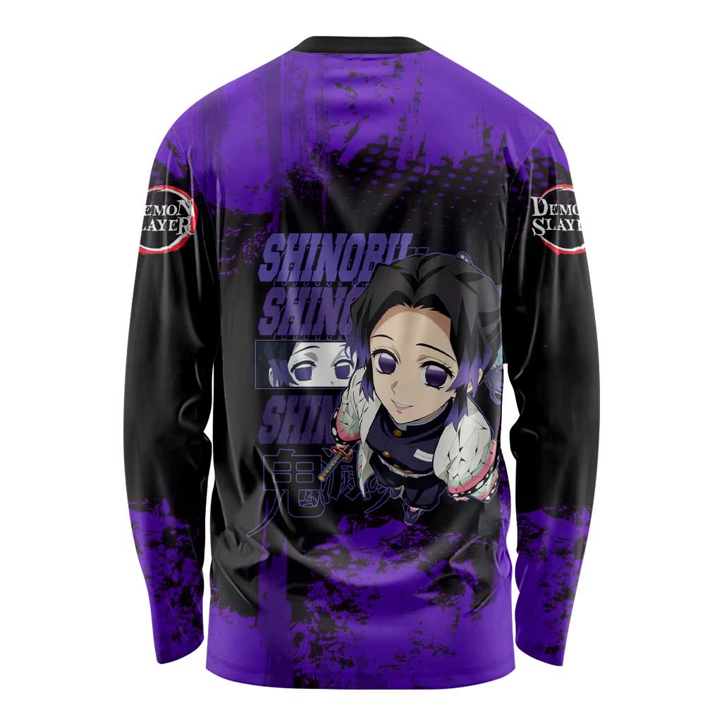 Shinobu Kocho Demon Slayer Purple Grunge Design Long Sleeve Shirt with Butterfly Theme and Calm Expression - The Mazicc