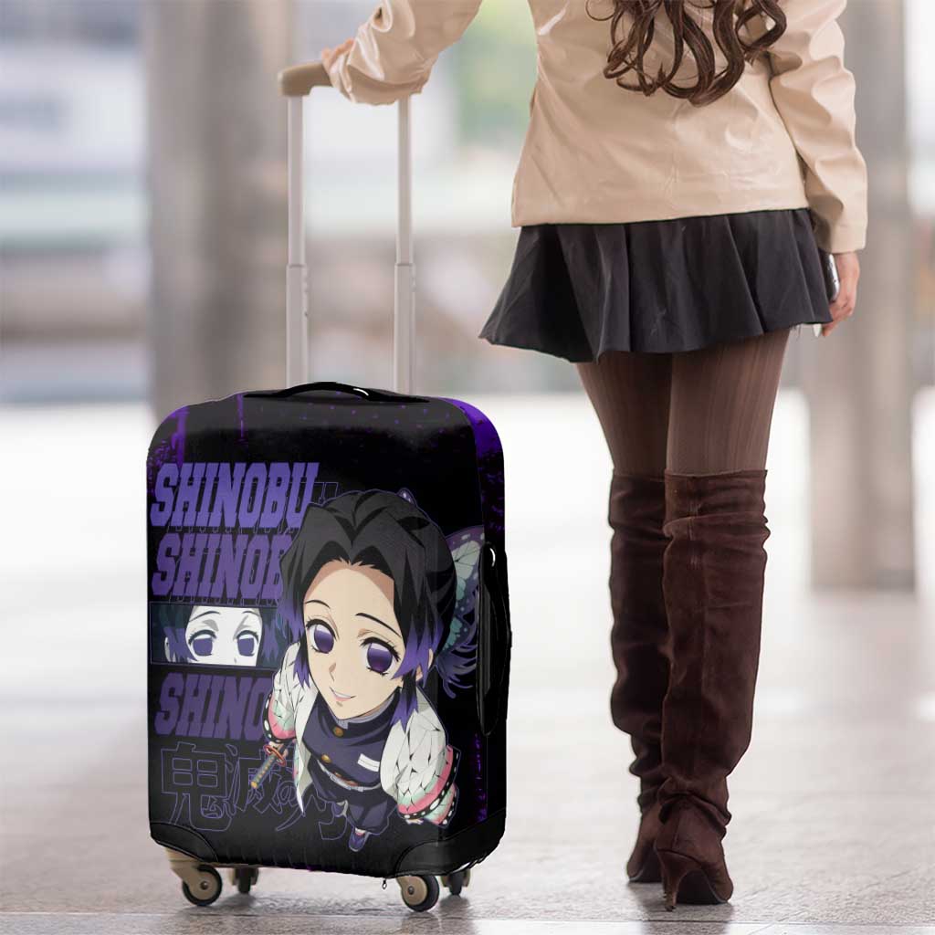 Shinobu Kocho Demon Slayer Purple Grunge Design Luggage Cover with Butterfly Theme and Calm Expression - The Mazicc
