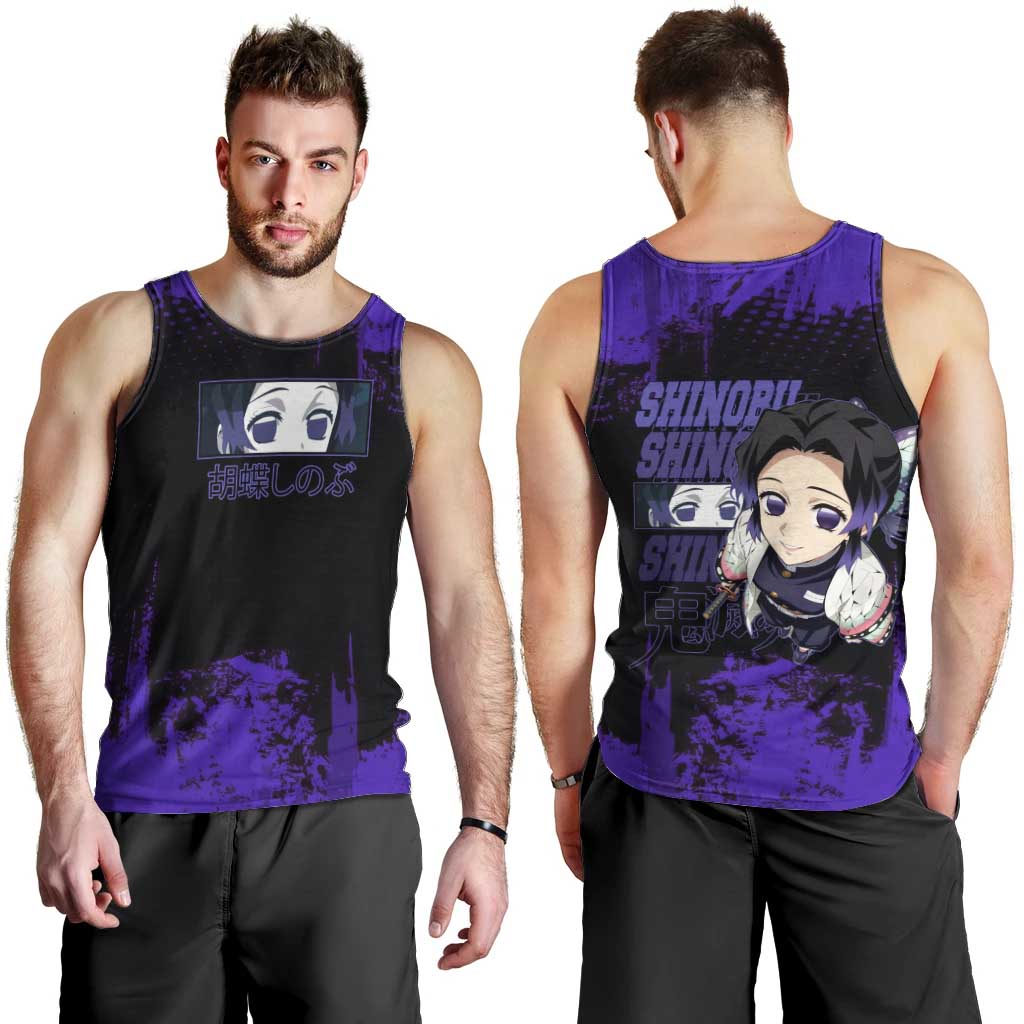 Shinobu Kocho Demon Slayer Purple Grunge Design Men Tank Top with Butterfly Theme and Calm Expression - The Mazicc