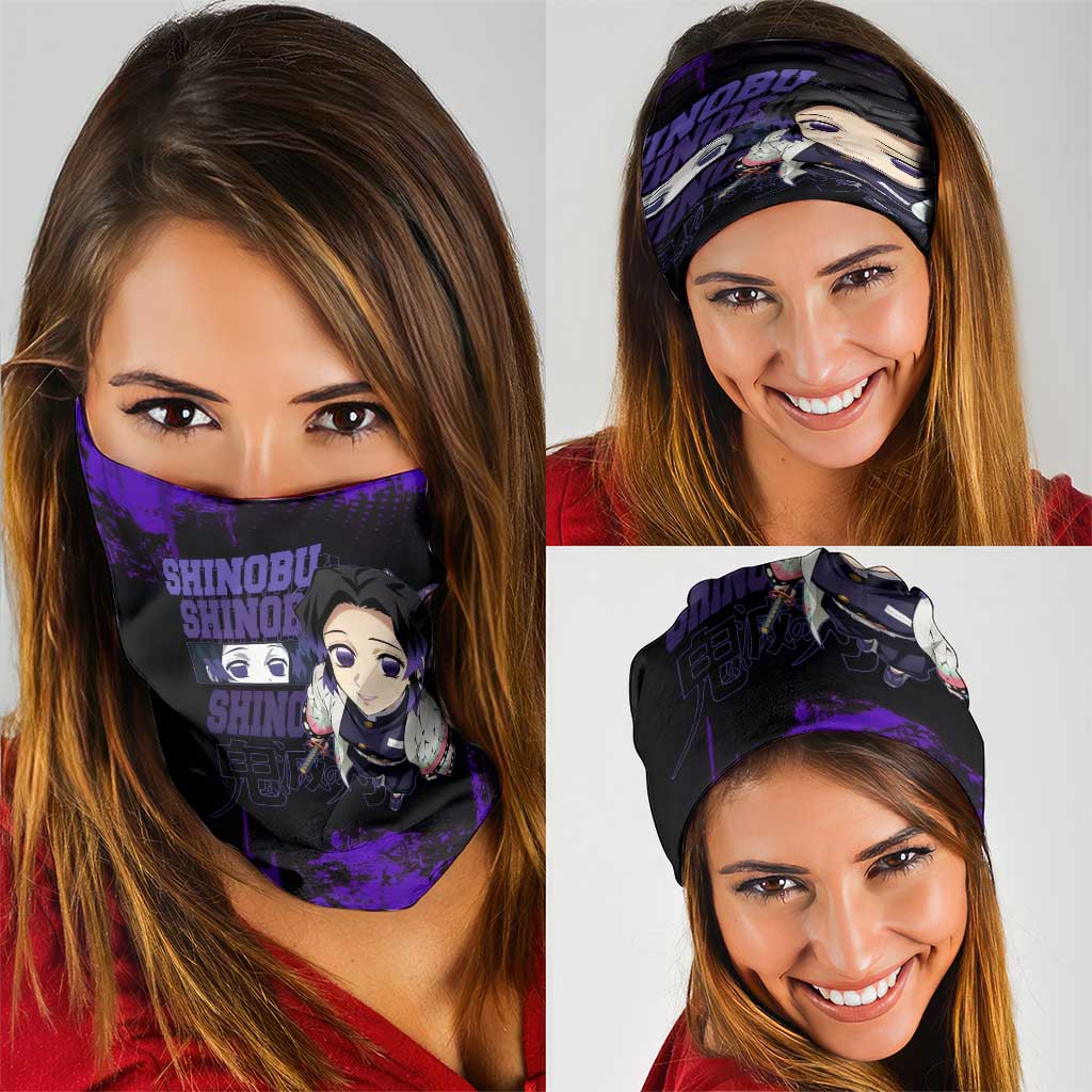 Shinobu Kocho Demon Slayer Purple Grunge Design Neck Gaiter with Butterfly Theme and Calm Expression - The Mazicc