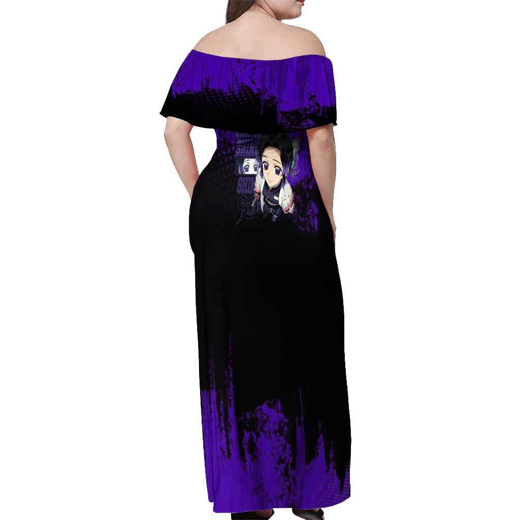 Shinobu Kocho Demon Slayer Purple Grunge Design Off Shoulder Maxi Dress with Butterfly Theme and Calm Expression - The Mazicc
