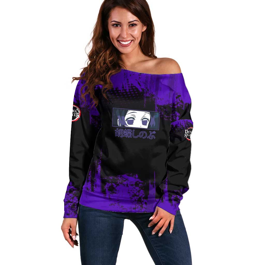 Shinobu Kocho Demon Slayer Purple Grunge Design Off Shoulder Sweater with Butterfly Theme and Calm Expression - The Mazicc