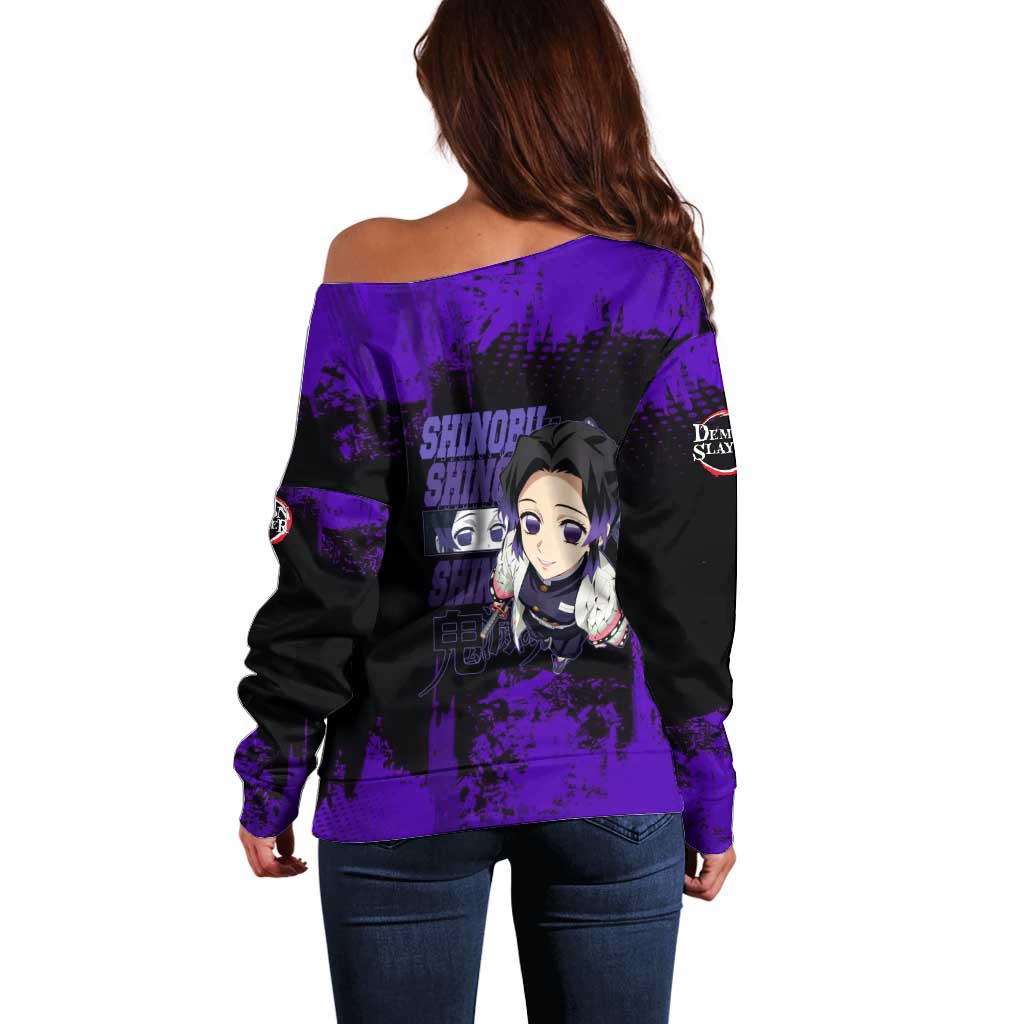 Shinobu Kocho Demon Slayer Purple Grunge Design Off Shoulder Sweater with Butterfly Theme and Calm Expression - The Mazicc