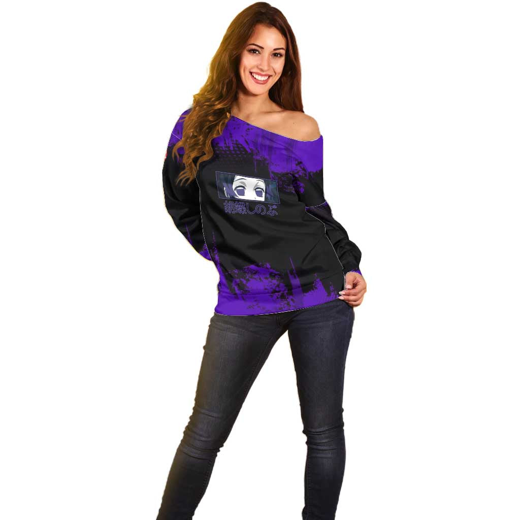 Shinobu Kocho Demon Slayer Purple Grunge Design Off Shoulder Sweater with Butterfly Theme and Calm Expression - The Mazicc