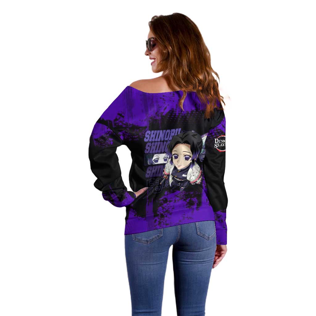 Shinobu Kocho Demon Slayer Purple Grunge Design Off Shoulder Sweater with Butterfly Theme and Calm Expression - The Mazicc