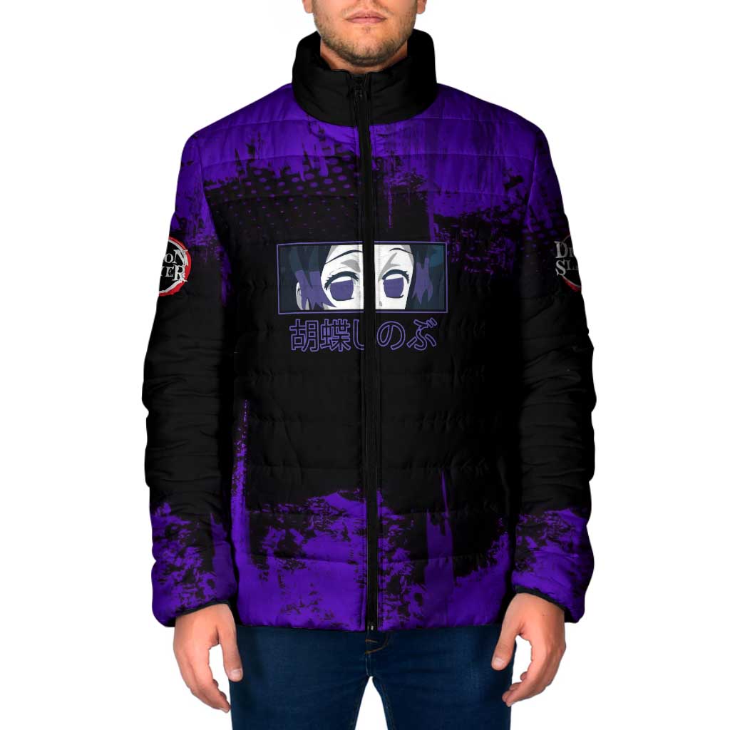 Shinobu Kocho Demon Slayer Purple Grunge Design Padded Jacket with Butterfly Theme and Calm Expression - The Mazicc