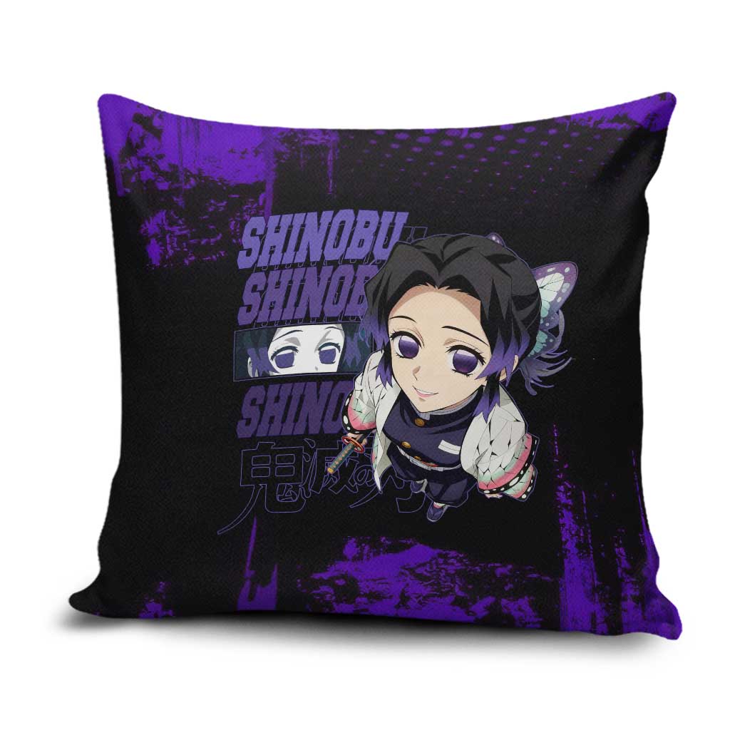 Shinobu Kocho Demon Slayer Purple Grunge Design Pillow Cover with Butterfly Theme and Calm Expression - The Mazicc