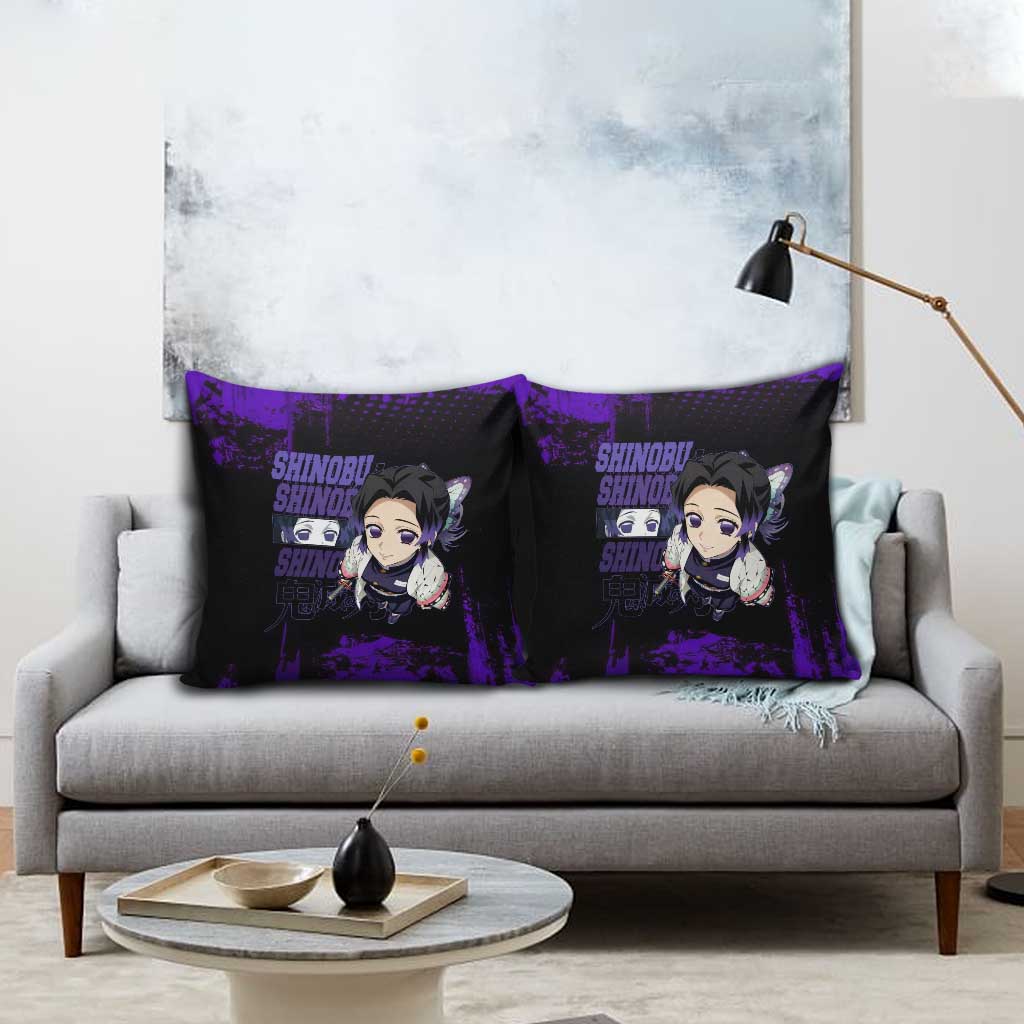 Shinobu Kocho Demon Slayer Purple Grunge Design Pillow Cover with Butterfly Theme and Calm Expression - The Mazicc