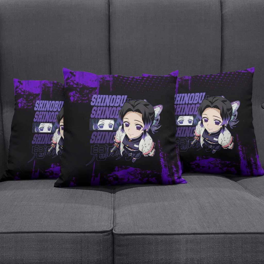 Shinobu Kocho Demon Slayer Purple Grunge Design Pillow Cover with Butterfly Theme and Calm Expression - The Mazicc