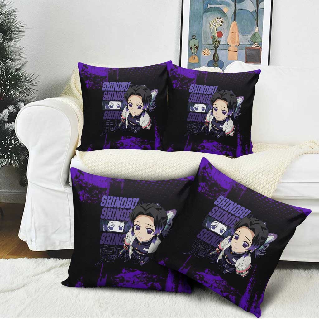 Shinobu Kocho Demon Slayer Purple Grunge Design Pillow Cover with Butterfly Theme and Calm Expression - The Mazicc