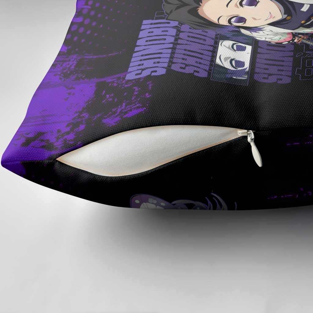 Shinobu Kocho Demon Slayer Purple Grunge Design Pillow Cover with Butterfly Theme and Calm Expression - The Mazicc