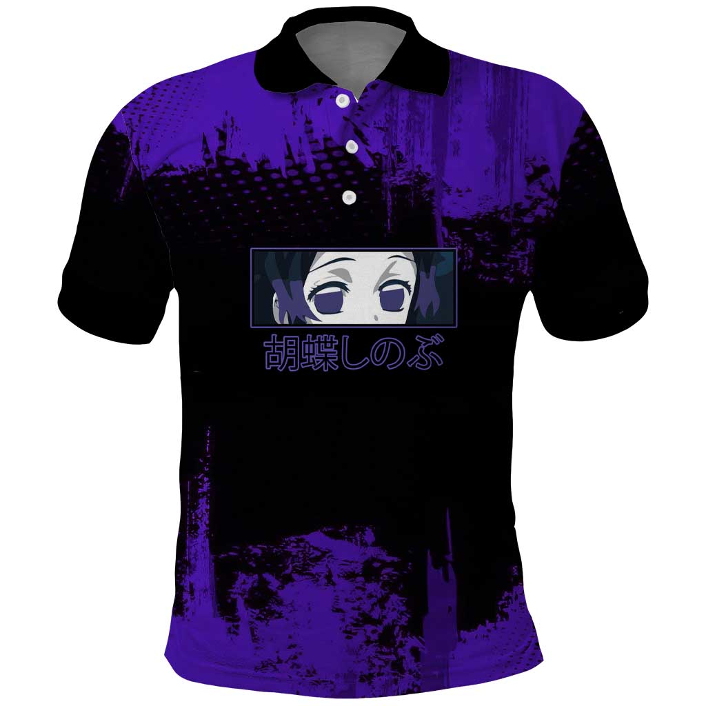 Shinobu Kocho Demon Slayer Purple Grunge Design Polo Shirt with Butterfly Theme and Calm Expression - The Mazicc
