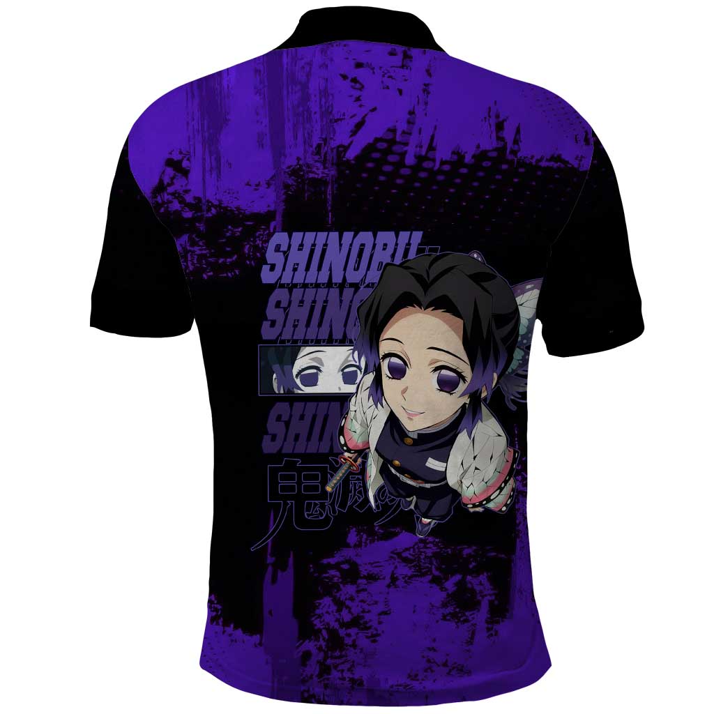 Shinobu Kocho Demon Slayer Purple Grunge Design Polo Shirt with Butterfly Theme and Calm Expression - The Mazicc