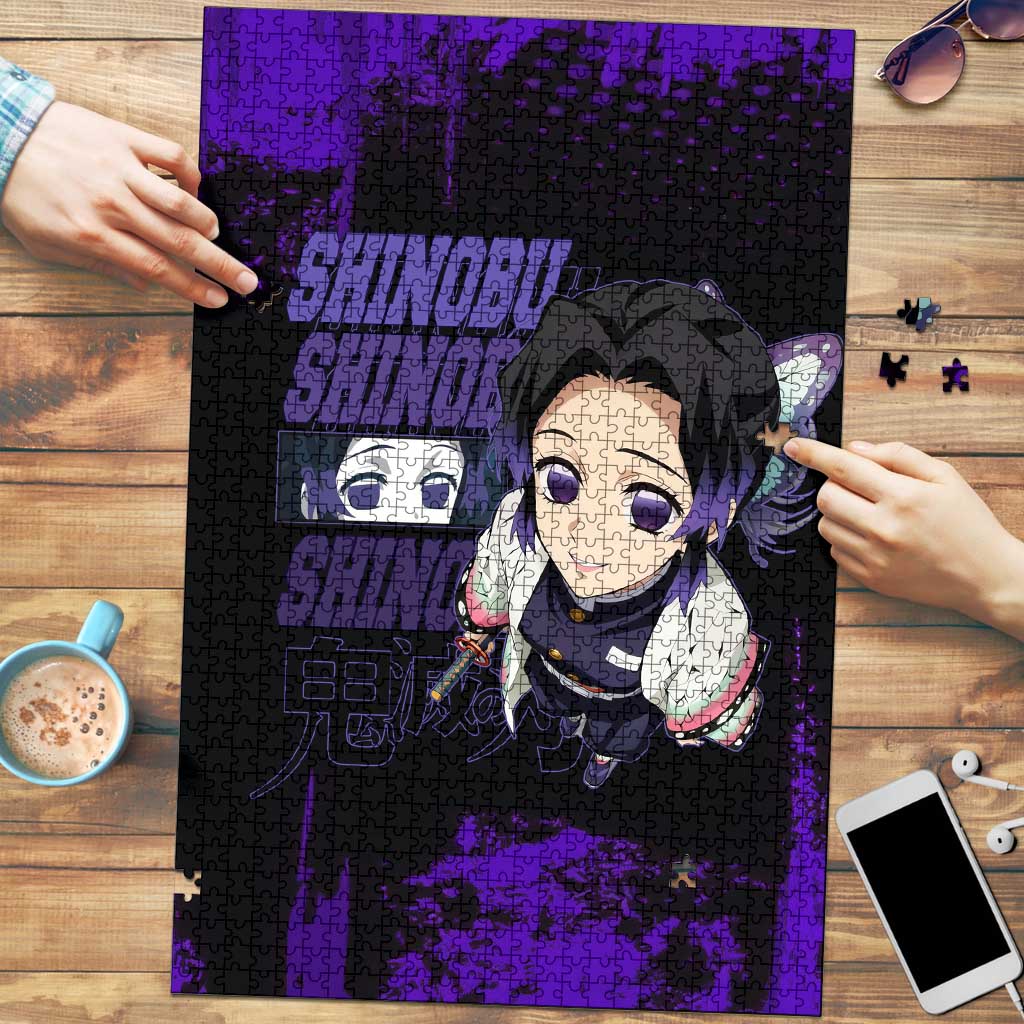 Shinobu Kocho Demon Slayer Purple Grunge Design Puzzle with Butterfly Theme and Calm Expression - The Mazicc