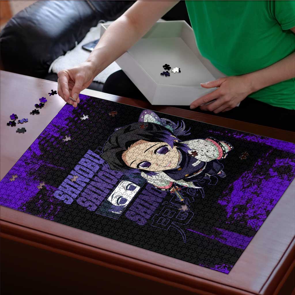 Shinobu Kocho Demon Slayer Purple Grunge Design Puzzle with Butterfly Theme and Calm Expression - The Mazicc