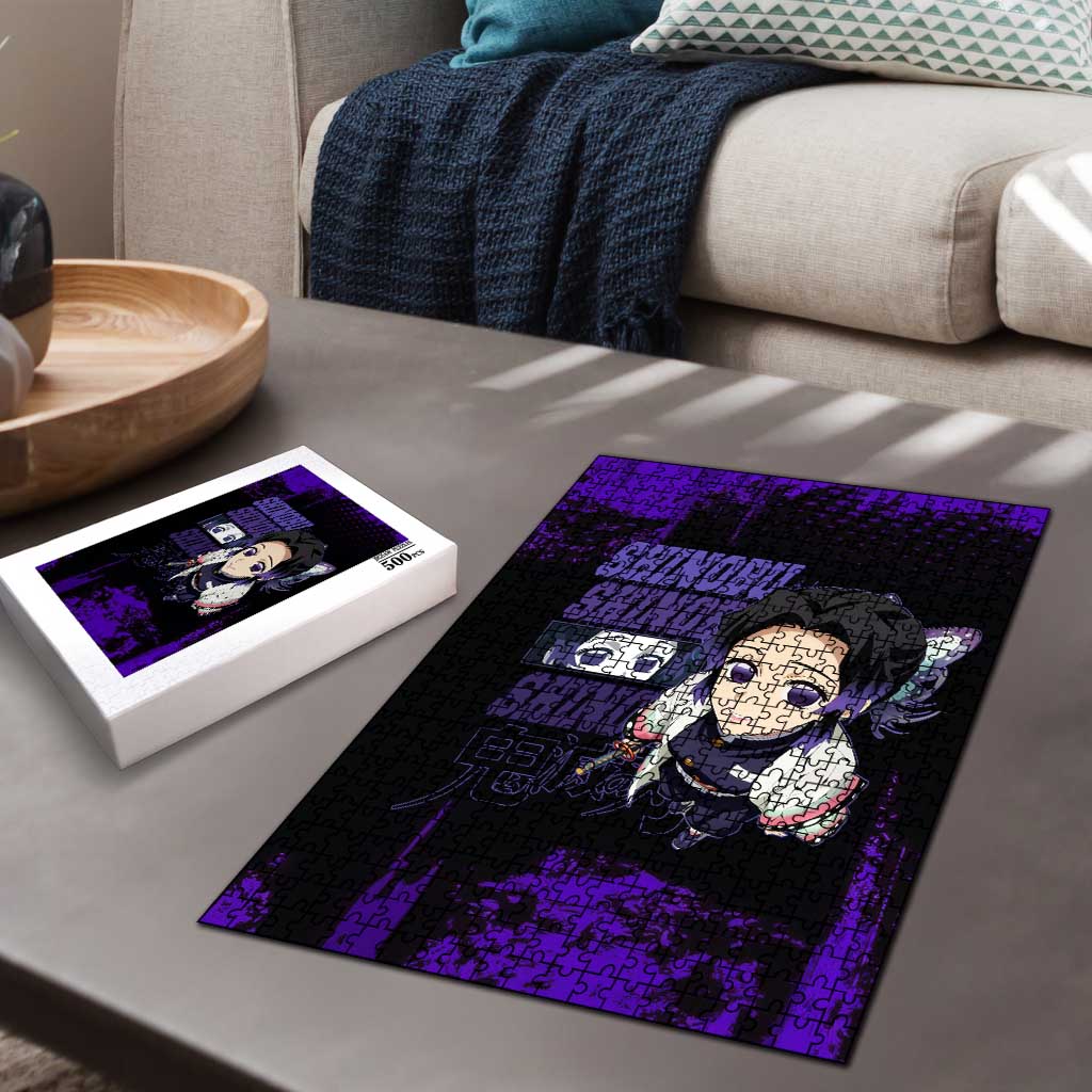 Shinobu Kocho Demon Slayer Purple Grunge Design Puzzle with Butterfly Theme and Calm Expression - The Mazicc
