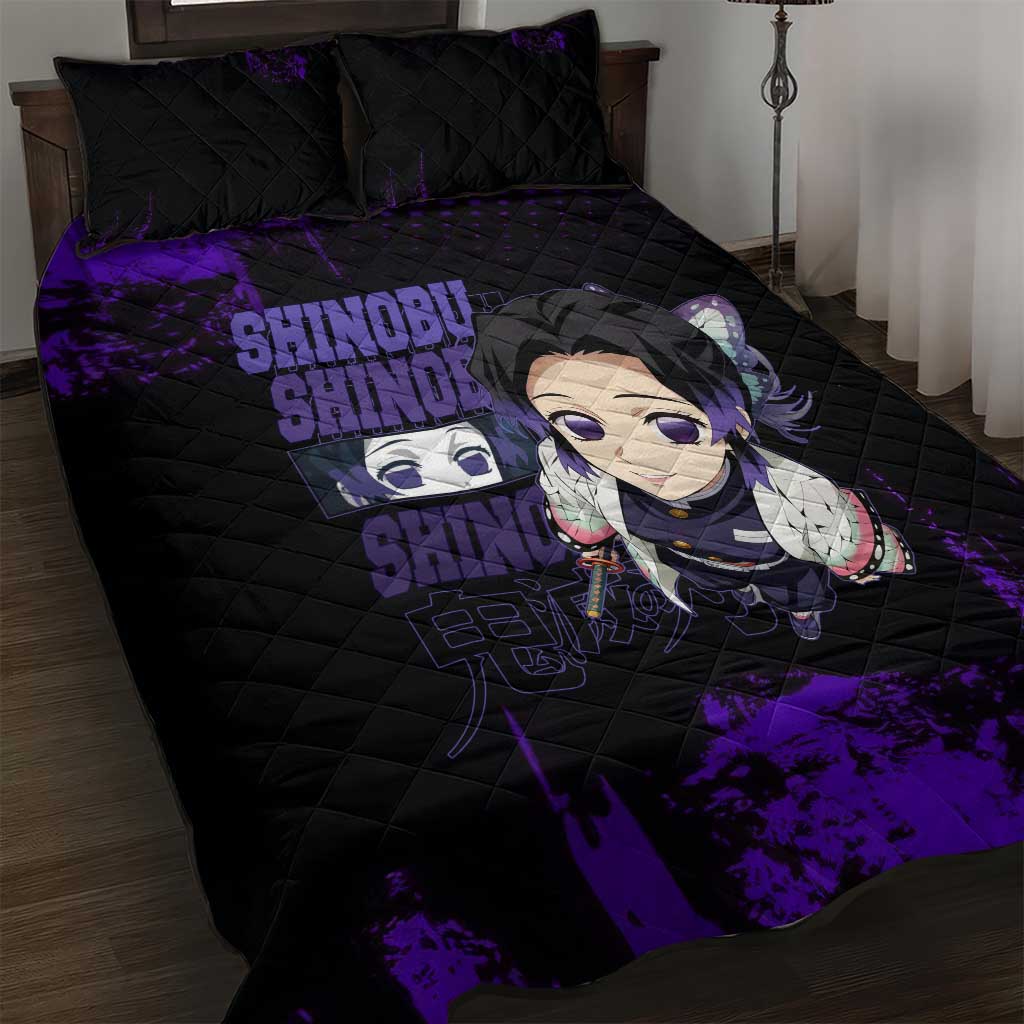 Shinobu Kocho Demon Slayer Purple Grunge Design Quilt Bed Set with Butterfly Theme and Calm Expression - The Mazicc