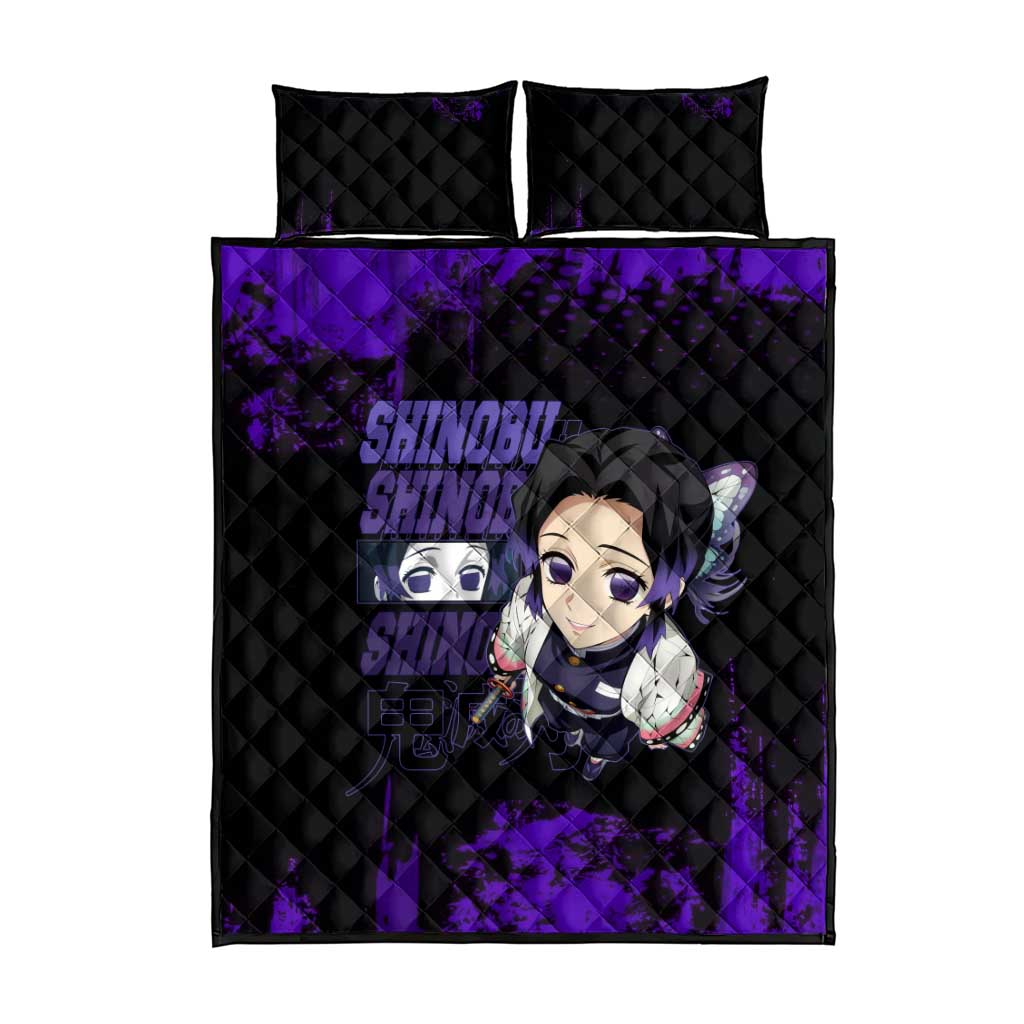 Shinobu Kocho Demon Slayer Purple Grunge Design Quilt Bed Set with Butterfly Theme and Calm Expression - The Mazicc
