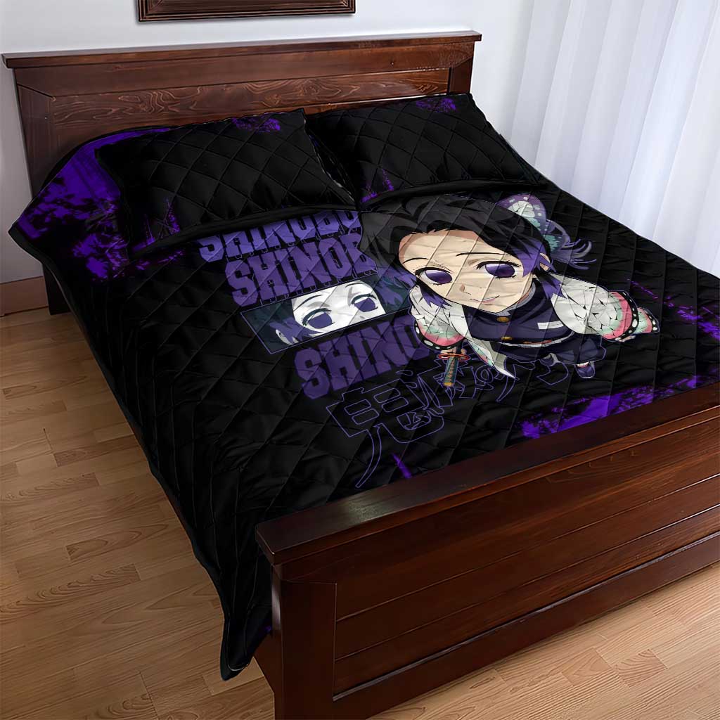 Shinobu Kocho Demon Slayer Purple Grunge Design Quilt Bed Set with Butterfly Theme and Calm Expression - The Mazicc