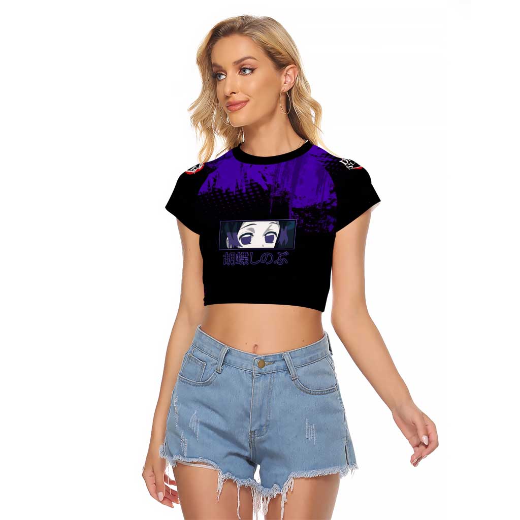 Shinobu Kocho Demon Slayer Purple Grunge Design Raglan Cropped T Shirt with Butterfly Theme and Calm Expression - The Mazicc