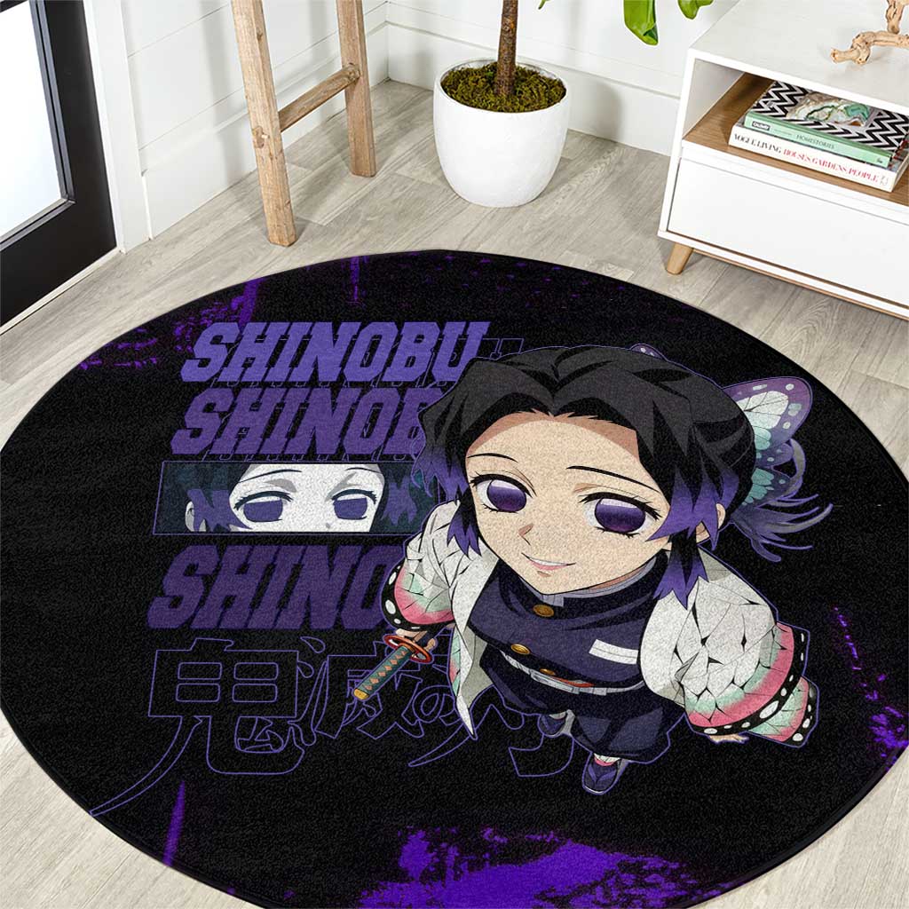 Shinobu Kocho Demon Slayer Purple Grunge Design Round Carpet with Butterfly Theme and Calm Expression - The Mazicc