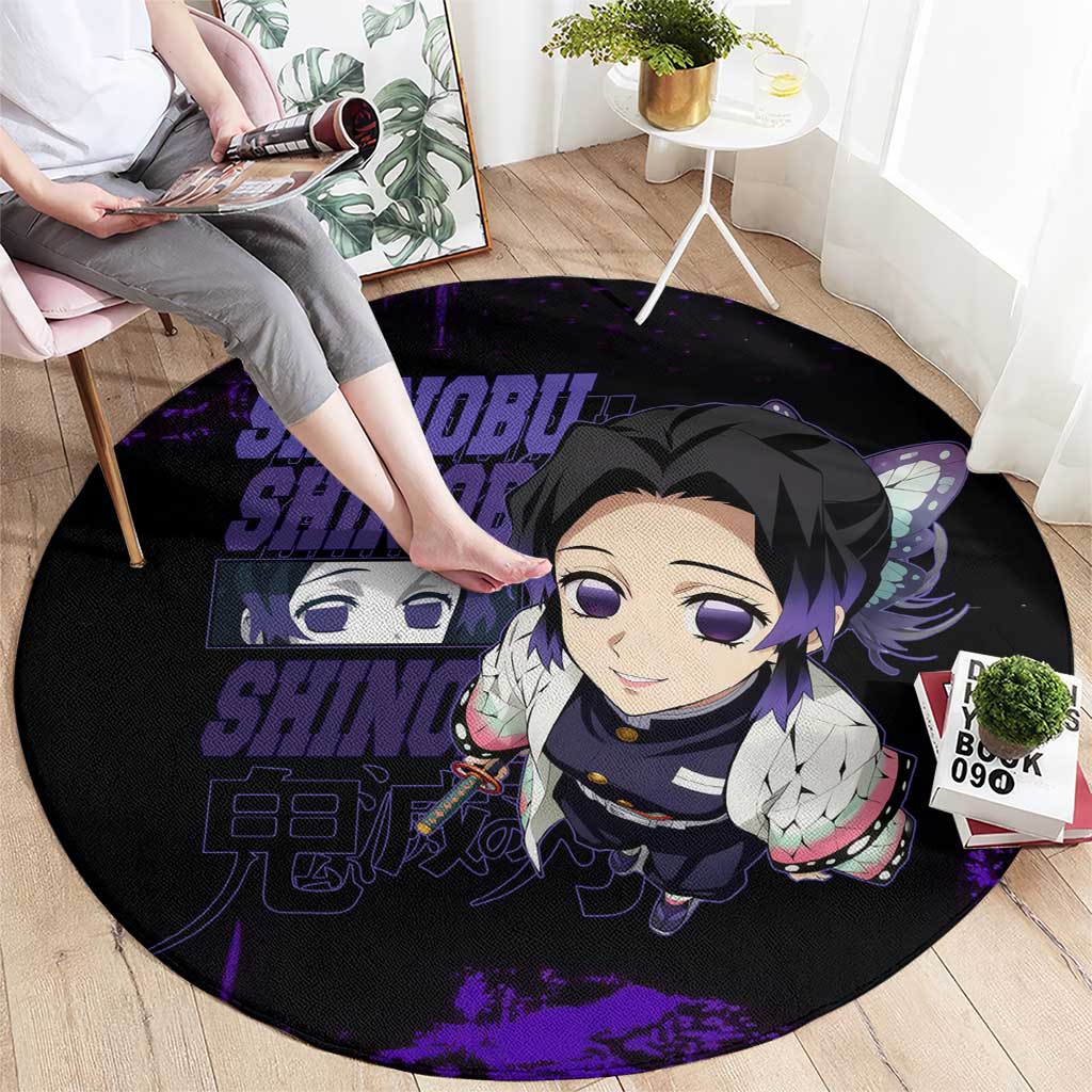 Shinobu Kocho Demon Slayer Purple Grunge Design Round Carpet with Butterfly Theme and Calm Expression - The Mazicc
