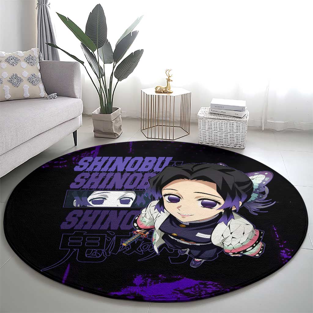 Shinobu Kocho Demon Slayer Purple Grunge Design Round Carpet with Butterfly Theme and Calm Expression - The Mazicc